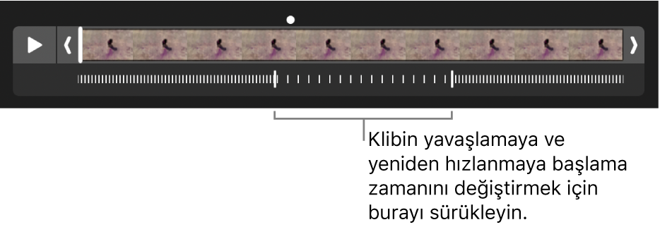 Videonun yavaşlayıp yeniden hızlandığı yeri değiştirmek için sürükleyebileceğiniz tutamaklar ile ağır çekim bir video klip.