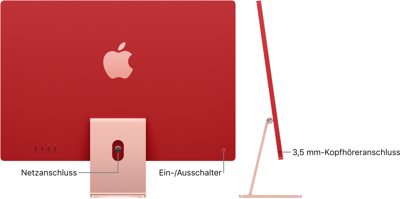 Rückansicht des iMac mit Netzanschluss und Ein-/Ausschalter. Daneben ist eine Seitenansicht mit dem Kopfhöreranschluss.