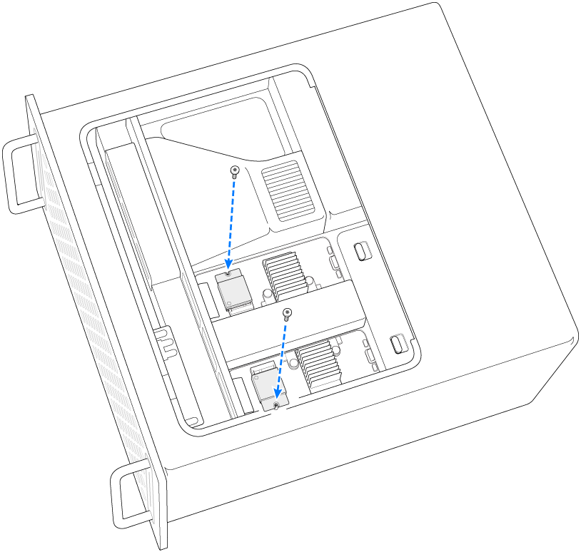  Zwei Schrauben werden an den SSD-Modulen befestigt.