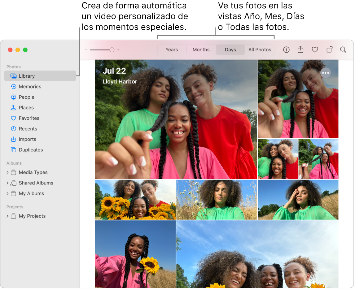 Una ventana de Fotos mostrando la función Recuerdos en la barra lateral izquierda; y en la parte superior de la ventana de Fotos, el menú desplegable que te permite explorar las fotos en tu álbum organizadas por día, mes y año.