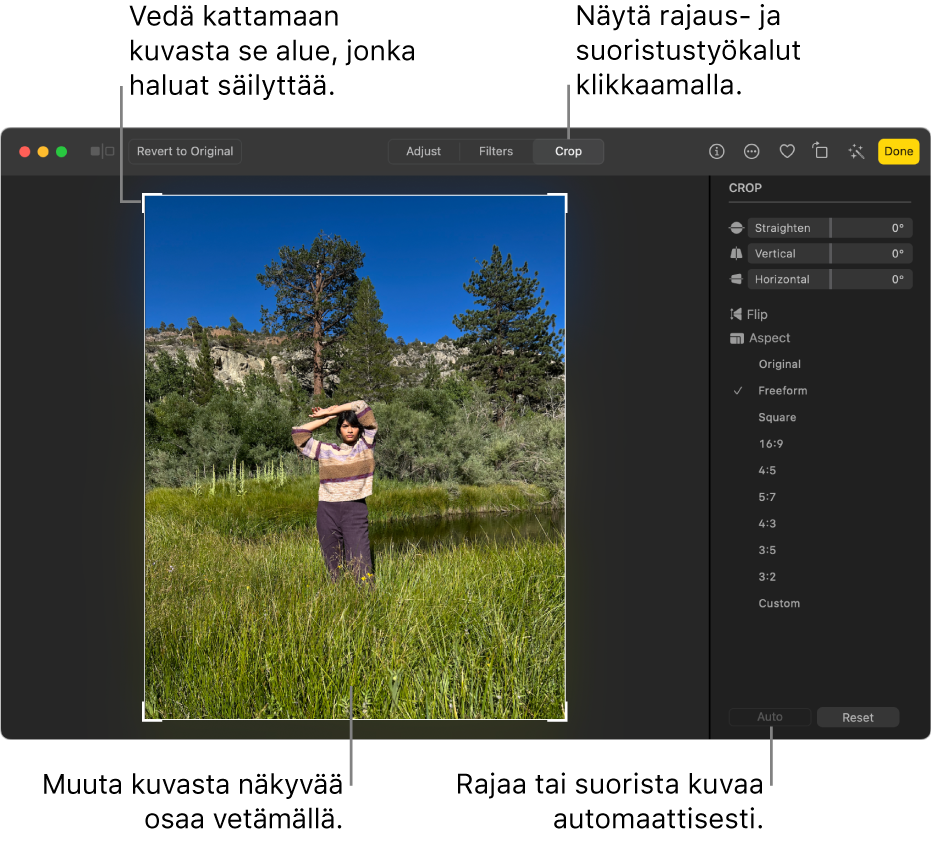 Kuva muokkausnäkymässä. Työkalupalkissa on valittuna Rajaa, valintanelikulmio on kuvan ympärillä ja oikealla puolella näkyvät suoristussäätimet, kuvasuhdevalinnat sekä Automaattinen- ja Nollaa-painikkeet.