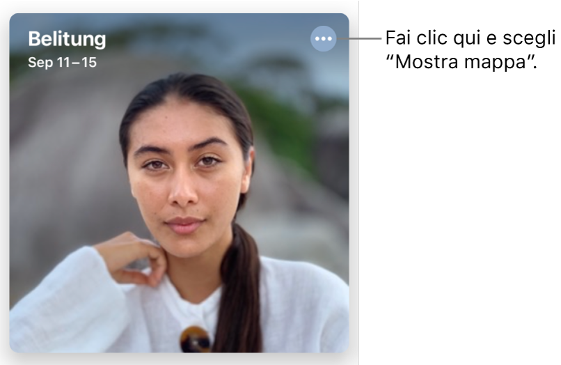 Una foto che rappresenta le foto scattate in un determinato giorno, con le informazioni sulla posizione in alto a sinistra e un pulsante in alto a destra che fornisce altre opzioni, inclusa quella per visualizzare una mappa.