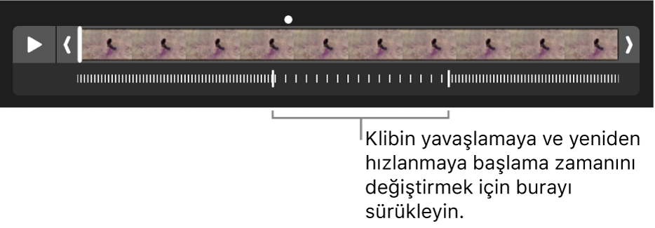 Videonun yavaşlayıp yeniden hızlandığı yeri değiştirmek için sürükleyebileceğiniz tutamaklar ile ağır çekim bir video klip.