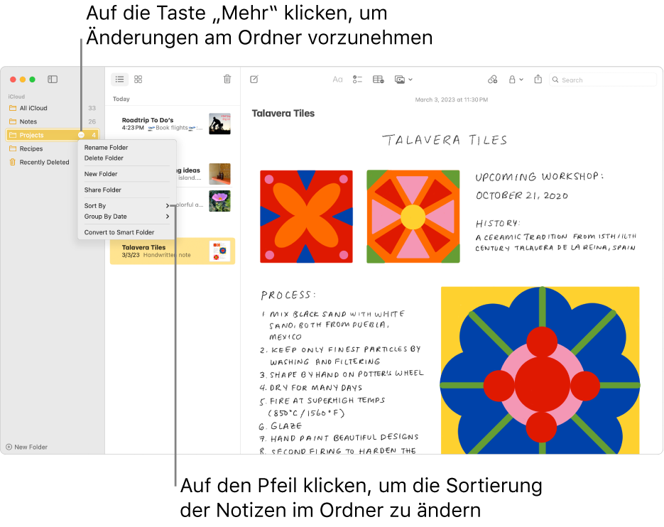 Das Fenster der App „Notizen“ mit nur einem Ordner in der Seitenleiste und der Taste „Mehr“, über die du Änderungen an einem Ordner vornehmen kannst. Über der Liste der Notizen in der Mitte ist die Option „Sortieren“ zu sehen, mit der die Reihenfolge der Notizen geändert werden kann. Klicke auf den Pfeil, um eine andere Sortierfolge auszuwählen.