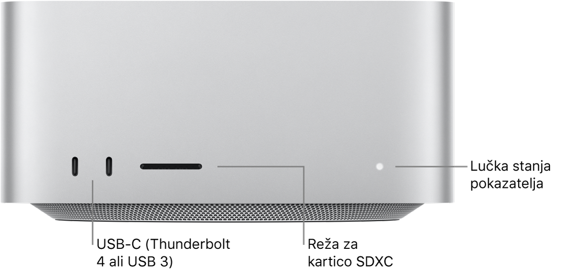 Sprednji del Mac Studio prikazuje dva vrata USB-C, režo za kartico SDXC in indikatorsko lučko stanja.