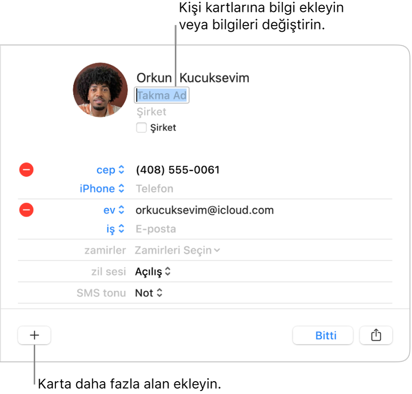 Kişi adının altında takma ad alanının ve pencerenin alt kısmında karta daha fazla alan ekleme düğmesinin görüldüğü kişi kartı.