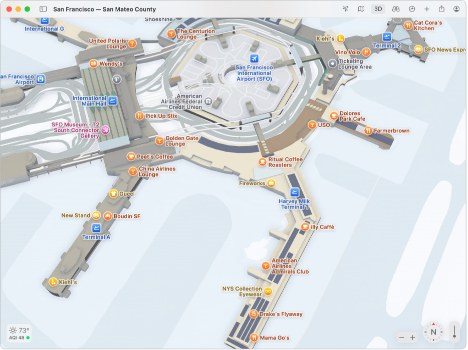 Mapa pokazująca wnętrze Międzynarodowego portu lotniczego San Francisco.