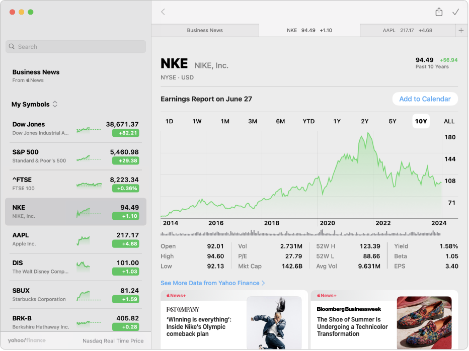 Fenêtre Bourse, affichant la liste de suivi sur la gauche, un graphique en haut à droite et les titres des actualités en bas à droite.