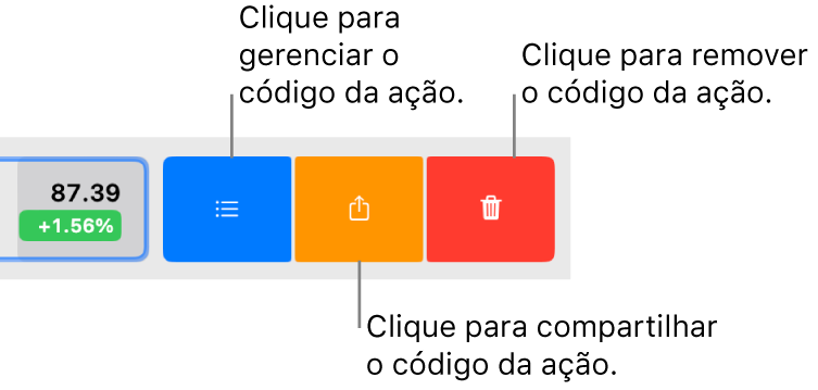 Os botões Gerenciar, Compartilhar e Remover, que aparecem quando você seleciona um símbolo de código na lista de ações e passa o dedo à esquerda.