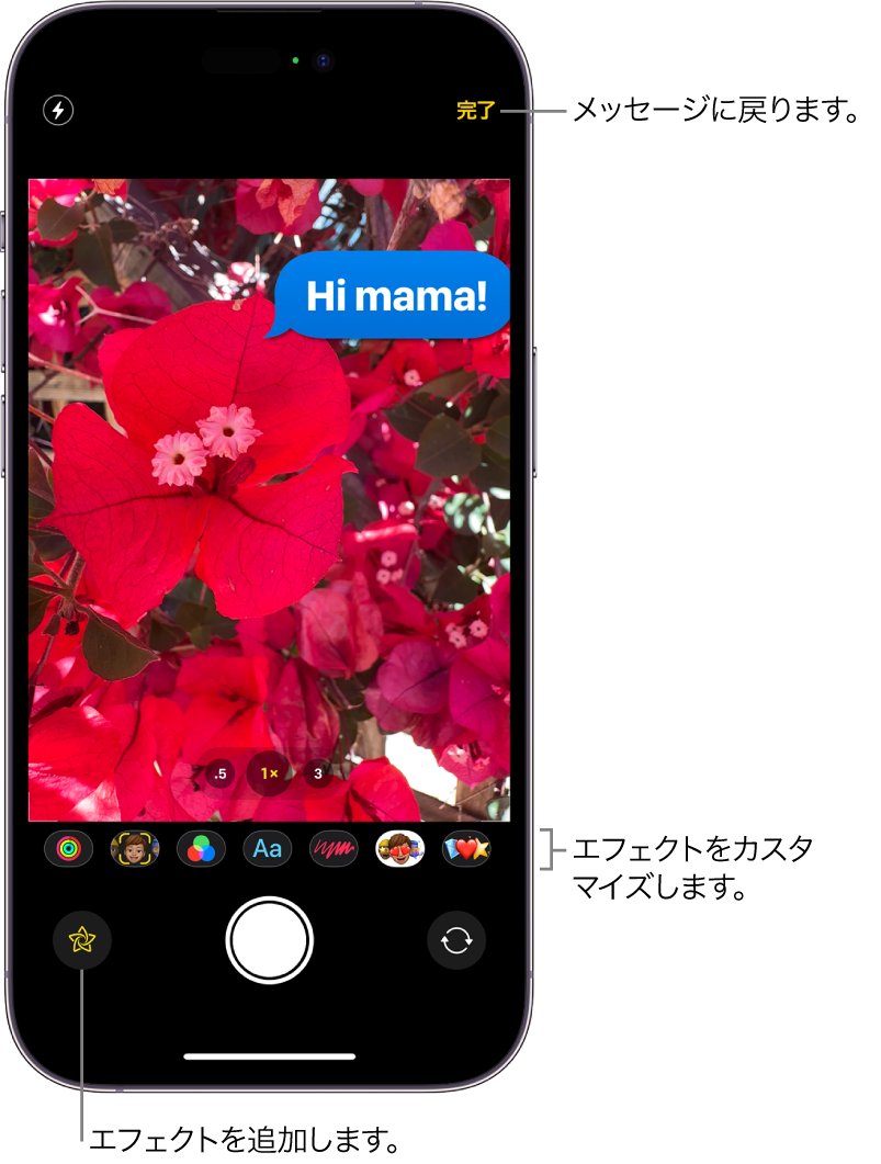 「メッセージ」での写真編集。写真の下にさまざまなエフェクトを適用するオプションが表示されています。