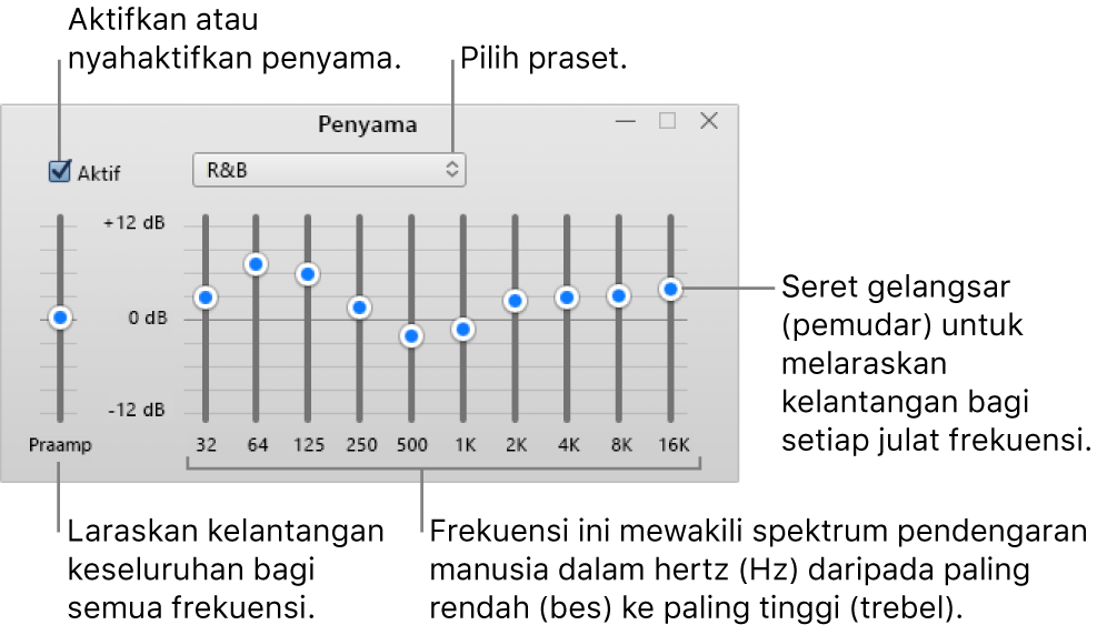 Tetingkap Penyama: Kotak semak untuk mengaktifkan penyama iTunes berada di penjuru kiri atas. Bersebelahannya ialah menu timbul dengan praset penyama. Di sebelah hujung kiri, laraskan kelantangan keseluruhan untuk frekuensi dengan praamp. Di bawah praset penyama, laraskan aras bunyi julat frekuensi berlainan yang mewakili spektrum pendengaran manusia dari paling bawah kepada paling atas.