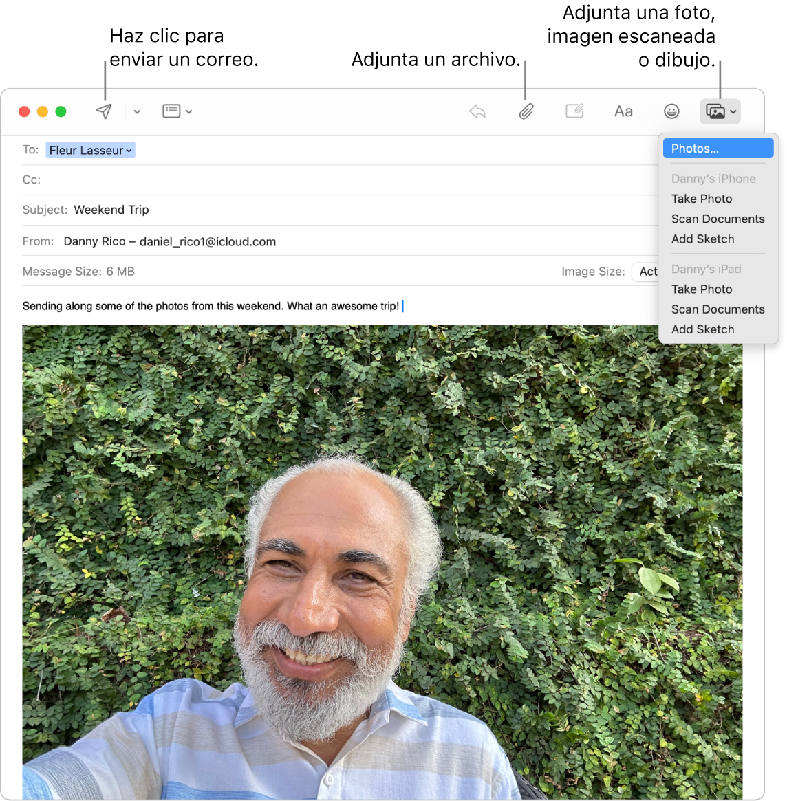 Una ventana de Mail mostrando un nuevo mensaje siendo creado. El menú desplegable muestra opciones para adjuntar fotos, tomar una foto, escanear un documento o agregar un dibujo del iPhone o iPad de Danny.