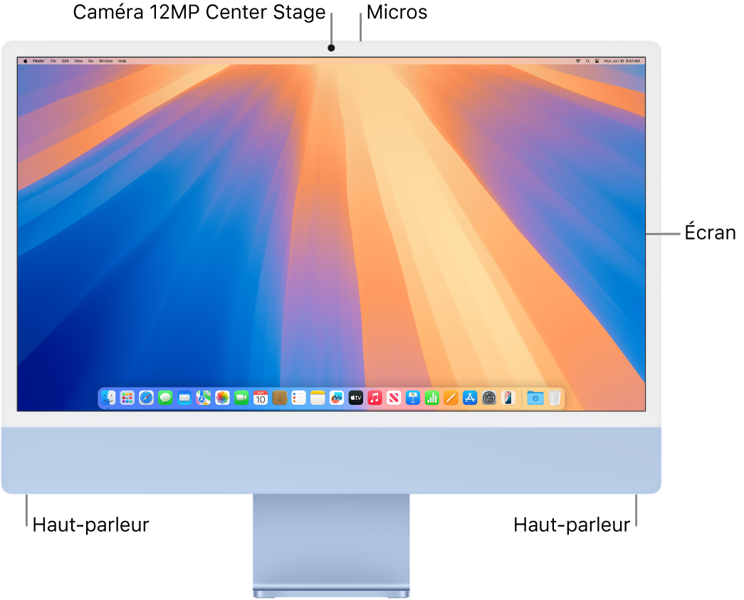 Vue frontale de l’iMac avec l’écran, la caméra, les microphones et les haut-parleurs.