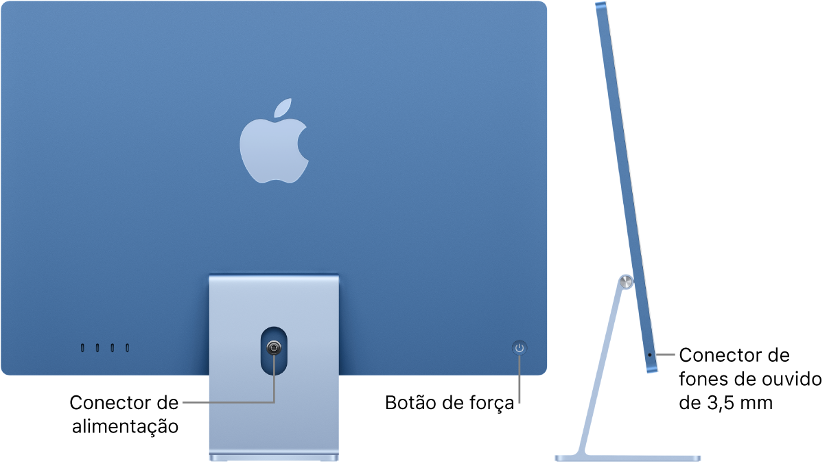 Visualização da parte traseira do iMac mostrando o conector de alimentação e o botão de força. Ao lado, uma vista lateral mostrando o conector de fones de ouvido.