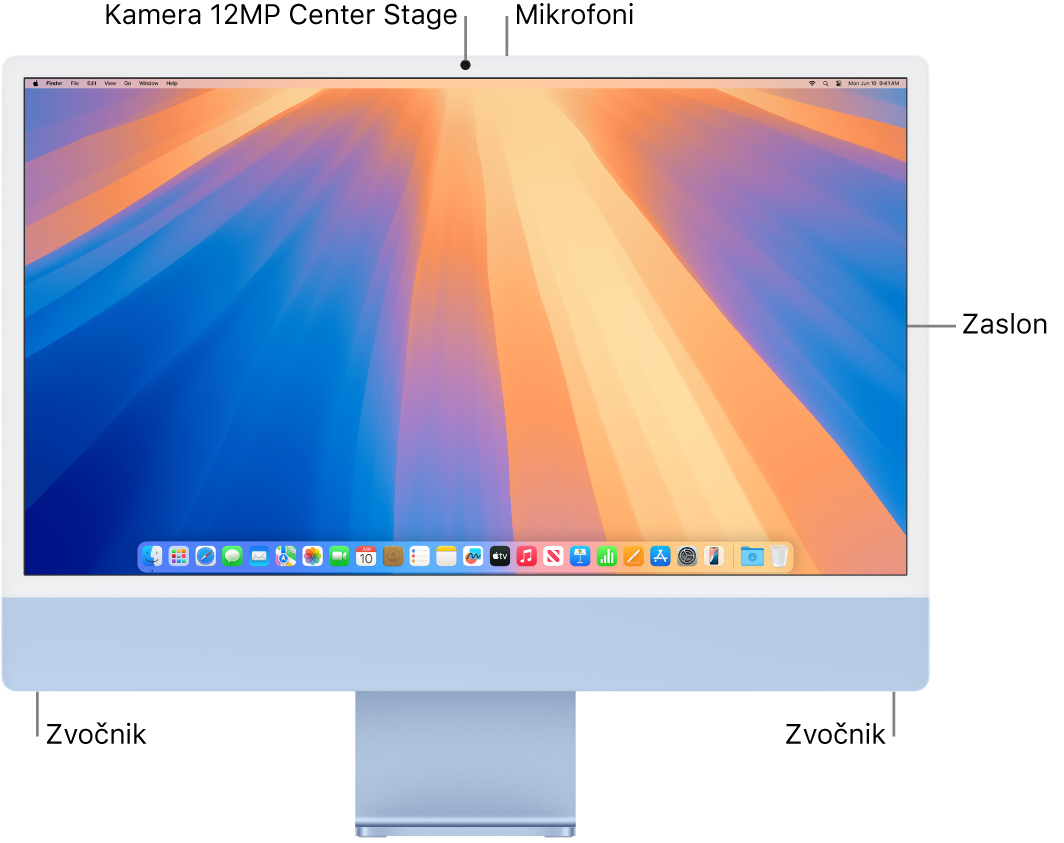 Pogled na računalnik iMac od spredaj s prikazom zaslona, kamere, mikrofona in zvočnikov.