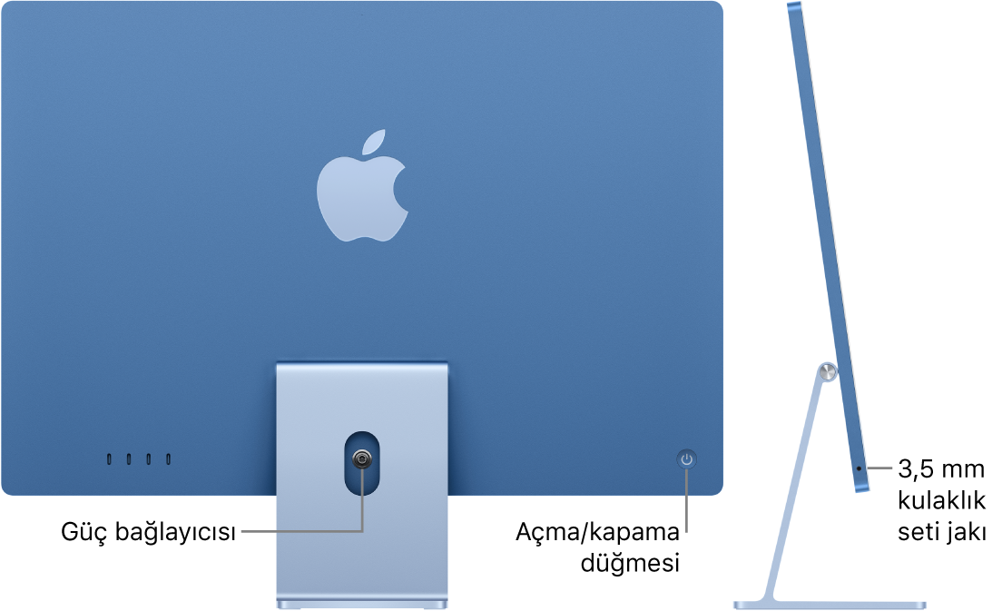 iMac’in güç bağlayıcısını ve açma/kapama düğmesini gösteren arkadan görünümü. Onun yanında, kulaklık jakını gösteren yandan görünüm var.