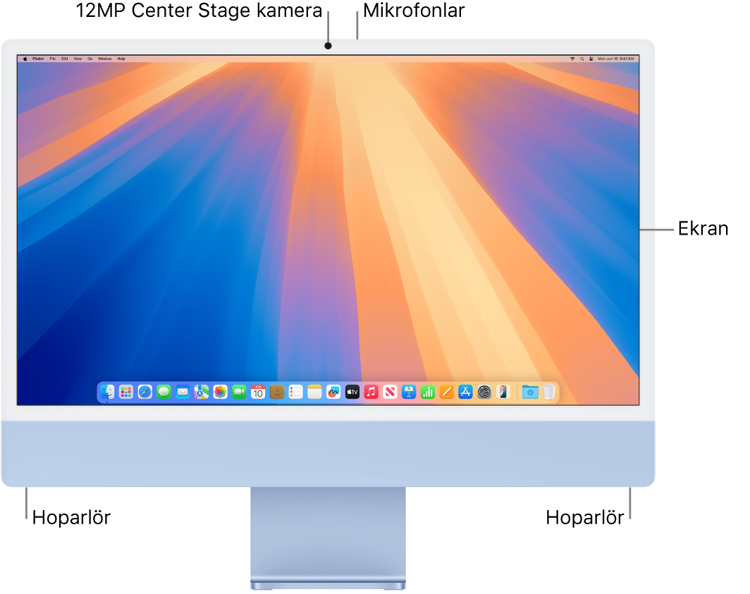 iMac’in ekran, kamera, mikrofonlar ve hoparlörleri gösteren önden görünümü.