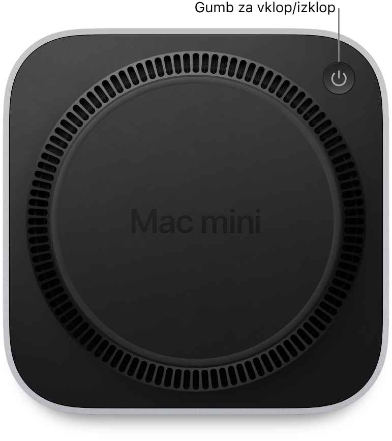 Dno računalnika Mac mini s prikazanim gumbom za vklop.