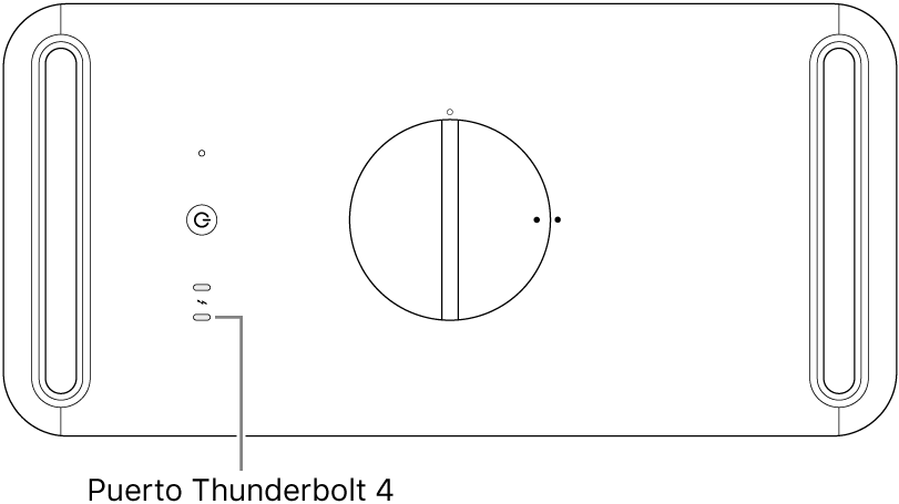 La parte superior de un Mac Pro con una indicación que señala el puerto Thunderbolt 4 que hay que usar.