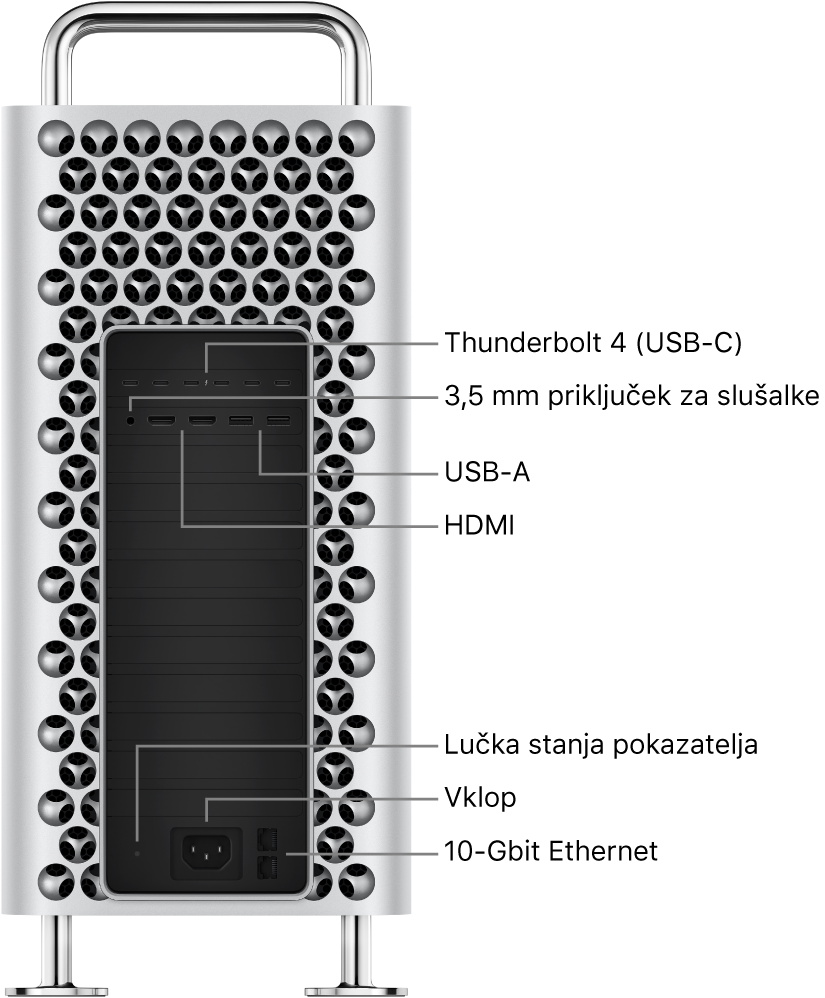 Stranski pogled na računalnik Mac Pro, ki prikazuje šest vhodov Thunderbolt 4 (USB-C), 3,5-mm priključek za slušalke, dva vhoda USB-A, dva vhoda HDMI, lučko indikatorja stanja, vhod za napajanje in dva 10 Gbit Ethernet vhoda.