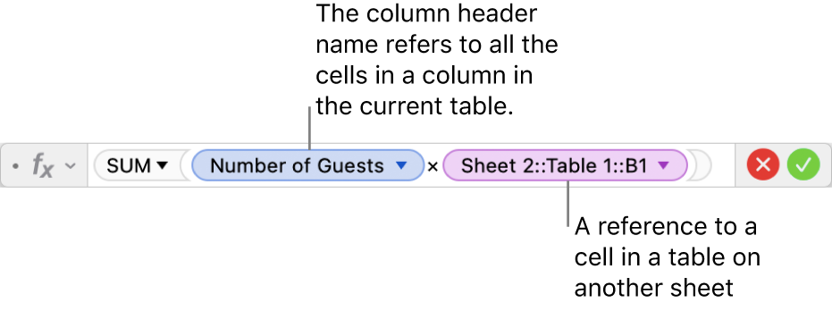 The Formula Editor showing a formula that refers to a column in one table and a cell in another table.