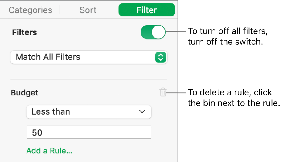 Controls for deleting a filter or turning off all filters.