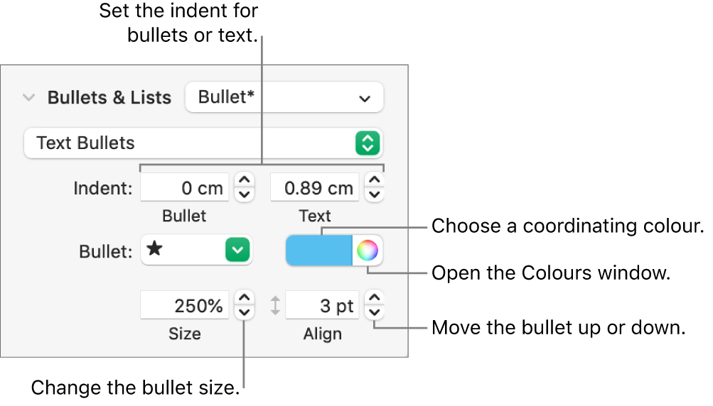 The Bullets & Lists section with callouts to the controls for bullet and text indent, bullet colour, bullet size and alignment.