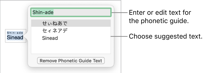 The phonetic guide open for a word, with callouts to the text field and suggested text.