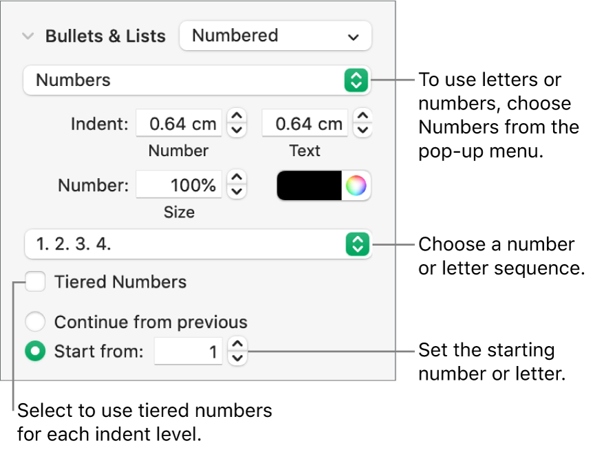 Controls for changing the number style and spacing of a list.