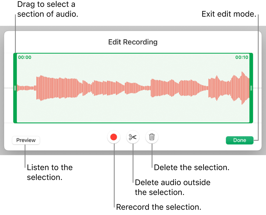 Controls for editing recorded audio. Handles indicate the selected section of the recording, and Preview, Record, Trim, Delete and Edit Mode buttons are below.