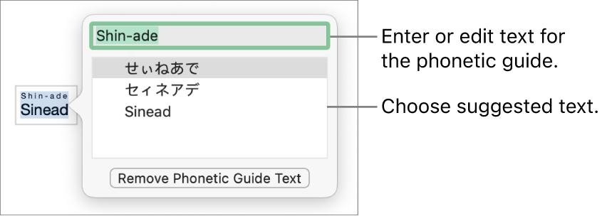 The phonetic guide open for a word, with callouts to the text field and suggested text.