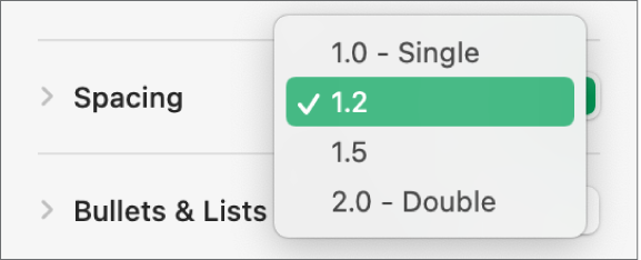 The Spacing pop-up menu with Single, Double, and other options.