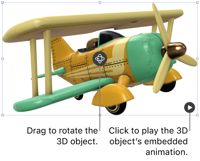 A 3D object with the Rotate button in the middle of the object, and the Play button in the lower-right corner.