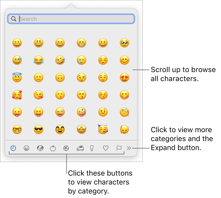 The Special Characters pop-up showing emoticons, buttons for different types of symbols at the bottom, and a callout to a button to show the full Characters window.