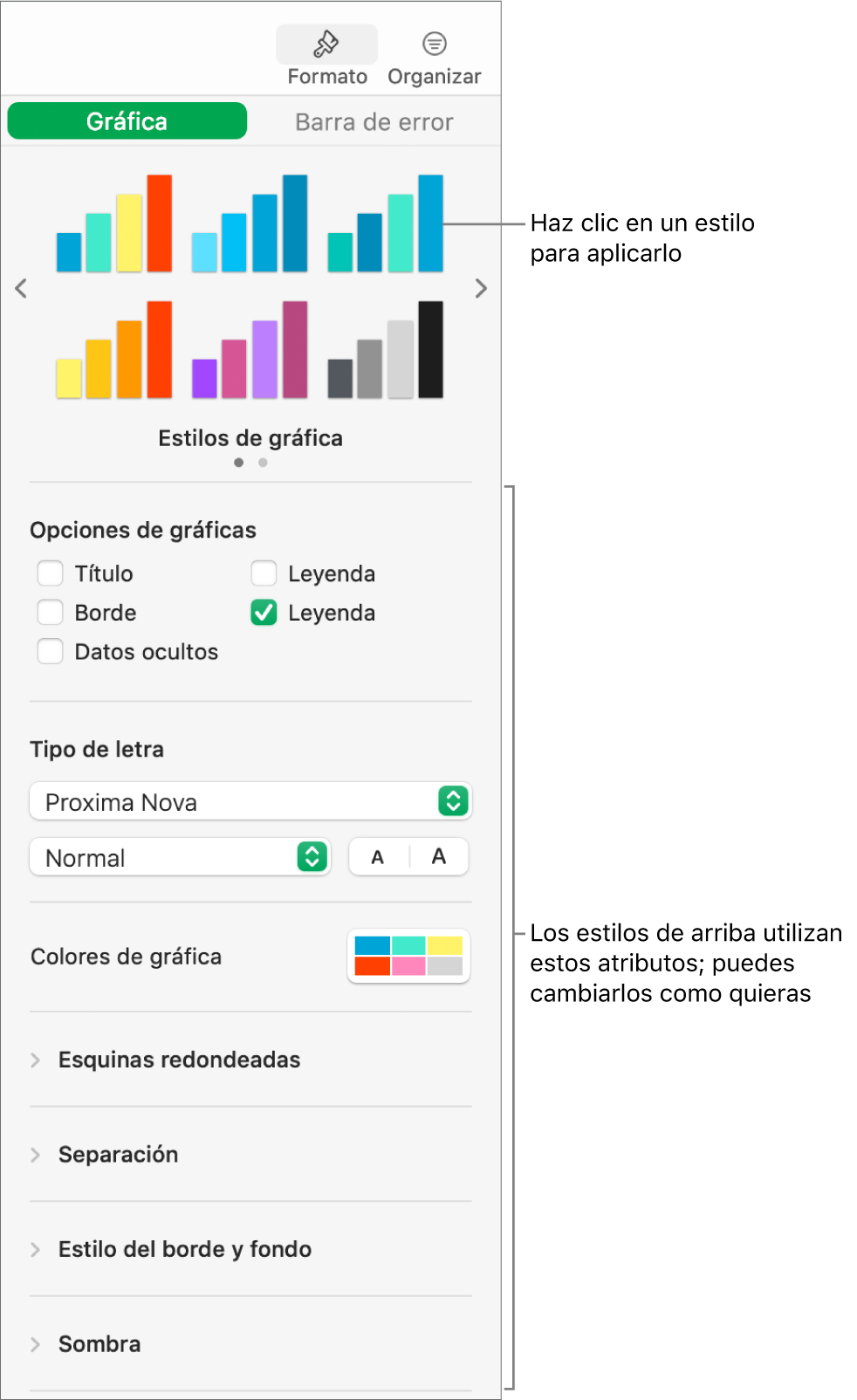 La barra lateral Formato que muestra los controles para dar formato a gráficas.