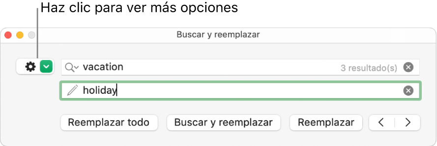 La ventana Buscar y reemplazar con un mensaje en el botón para mostrar más opciones.