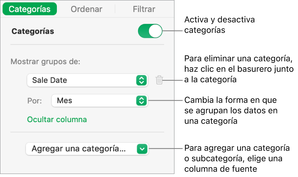 La barra lateral de categorías con opciones para desactivar las categorías, eliminar categorías, reagrupar datos, ocultar una columna origen y agregar categorías.