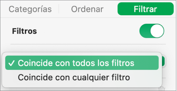 Menú desplegable para seleccionar entre mostrar las filas que coincidan con todos los filtros o con cualquiera de los filtros.