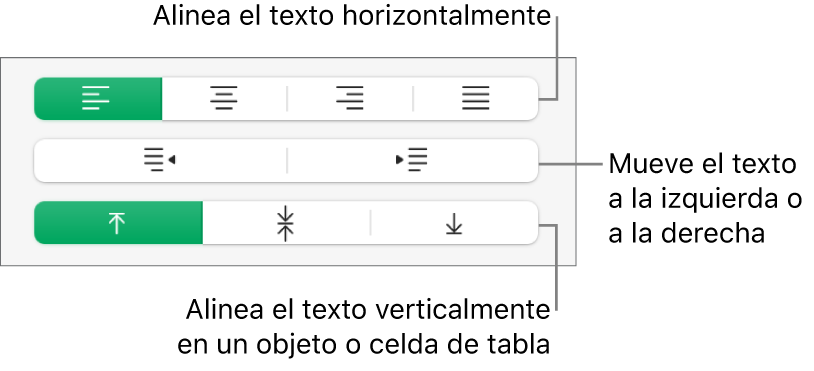 Sección Alineación de la barra lateral Formato con llamadas a los botones de alineación de texto.