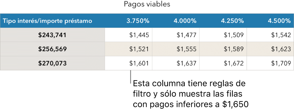 Tabla de una hipoteca después de aplicar un filtro para ver los tipos de interés asequibles.