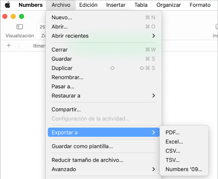 El menú Archivo abierto con la opción Exportar a seleccionada y con su submenú donde se muestran las opciones de exportación a PDF, Excel, CSV y Numbers '09.