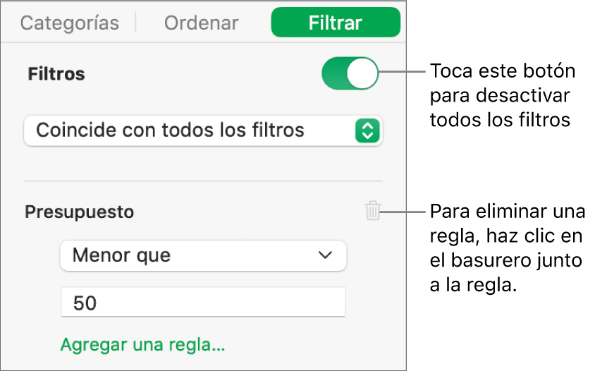 Controles para eliminar un filtro o desactivar todos los filtros.