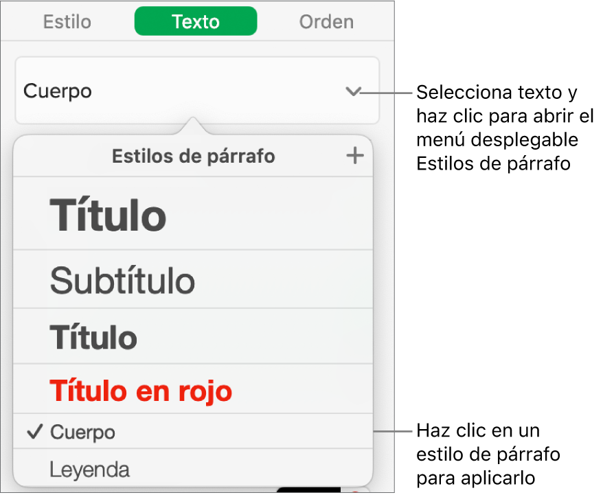 El menú Estilos de párrafo con una marca de verificación junto al estilo seleccionado.