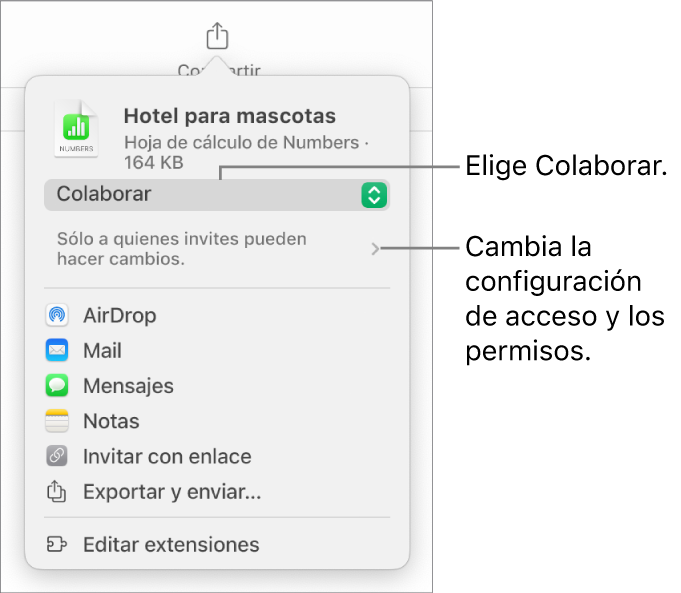 El menú Compartir con la opción Colaborar seleccionada en la parte superior, y la configuración de acceso y permisos debajo.