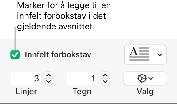 Innfelt forbokstav-avkrysningsruten er markert, og en lokalmeny vises til høyre. Kontroller for å angi linjehøyde, antall tegn og andre valg vises under.