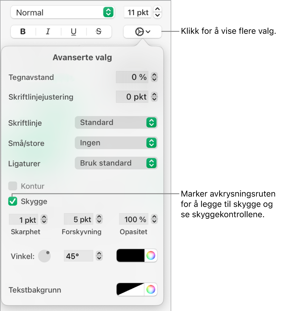 Flere tekstvalg-menyen åpnes med Skygger-avkrysningsruten markert og viser kontroller for å angi innstillinger for skarphet, forskyvning, opasitet, vinkel og farge.