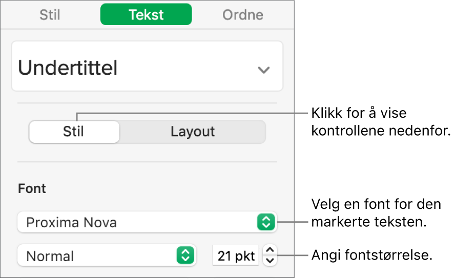 Tekstkontroller i Stil-delen i Format-sidepanelet for å angi font og fontstørrelse.