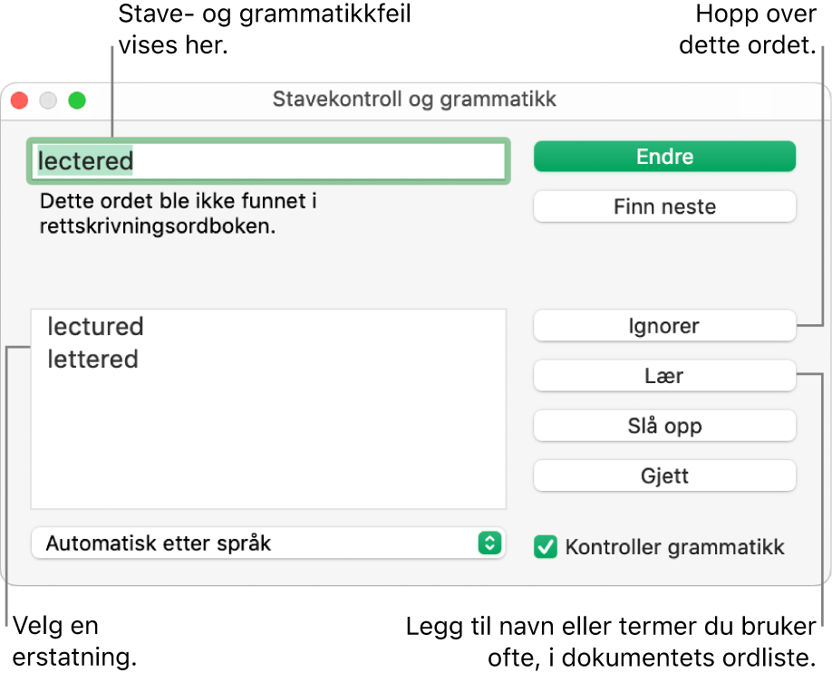 Stavekontroll og grammatikk-vinduet.