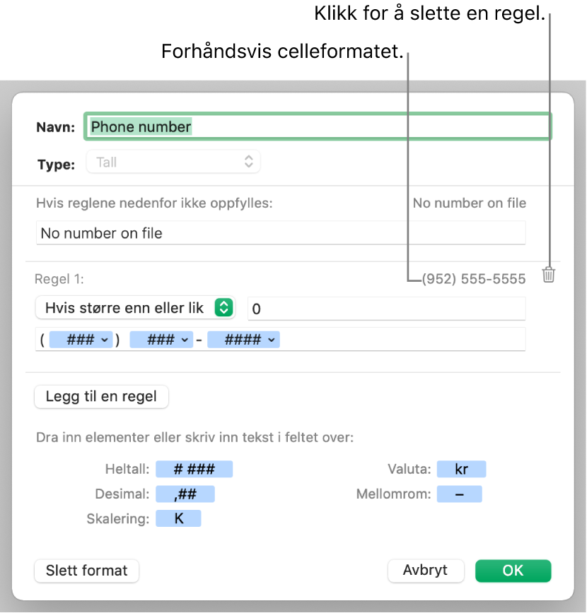 Tilpasset tallcelleformat med regler.