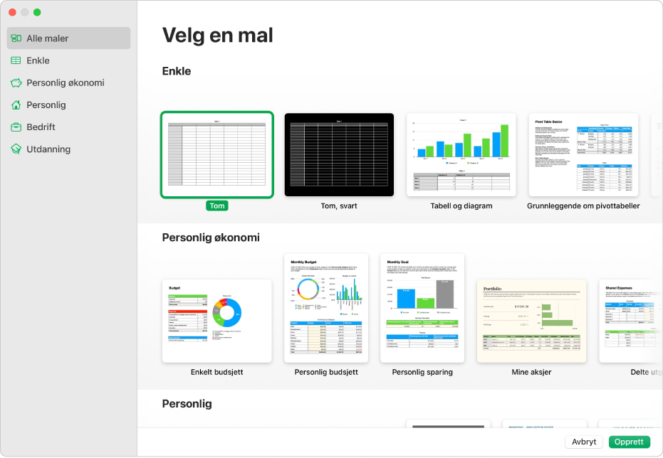 Malvelgeren. Et sidepanel til venstre viser malkategorier som du kan klikke på for å filtrere valg. Til høyre vises miniatyrbilder av forhåndsdesignede maler arrangert i rader etter kategori, med Enkle øverst, etterfulgt av Personlig økonomi og Personlig. Avbryt- og Opprett-knappene er nederst til høyre.